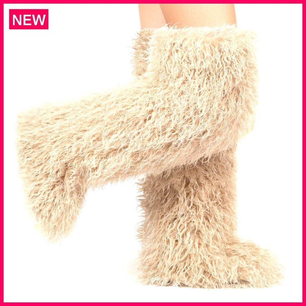 Thigh High Faux Fur Boots, Over Knee Winter Snow Boots, Women's Cozy Tall Boots